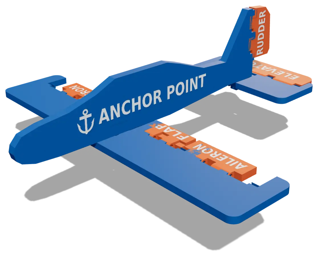 3D render of The Training Pilot low-wing model in blue with orange labeled control surfaces
