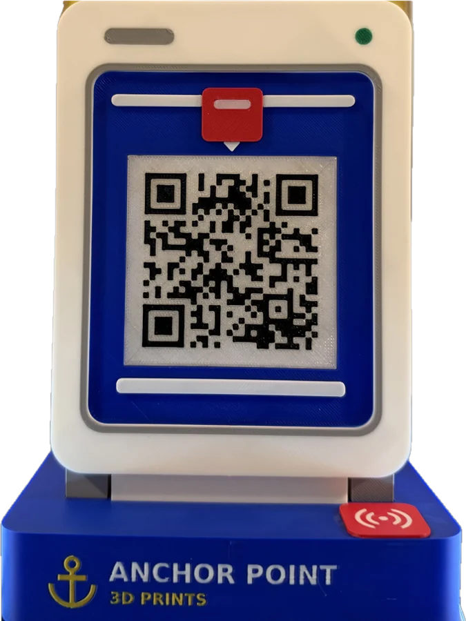 Light-up countertop sign shaped like a printer, with a QR code and an NFC tap spot, branded Anchor Point 3D Prints