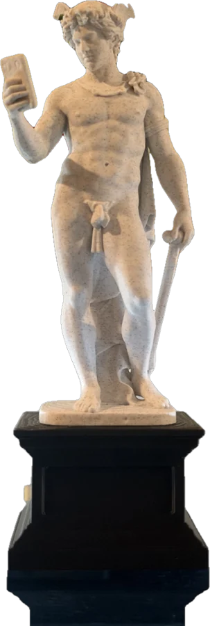 White classical statue holding a phone, on a black plinth