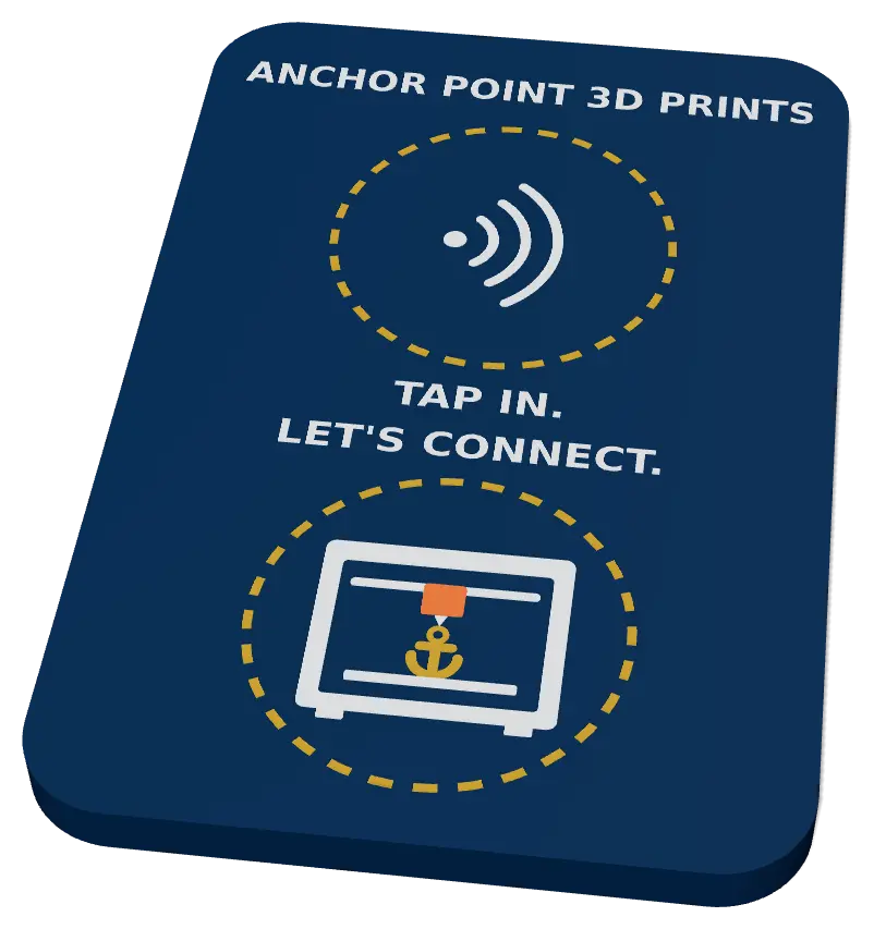 3D render of the navy MagSafe tap card with Anchor Point 3D Prints branding and two dashed tap zones
